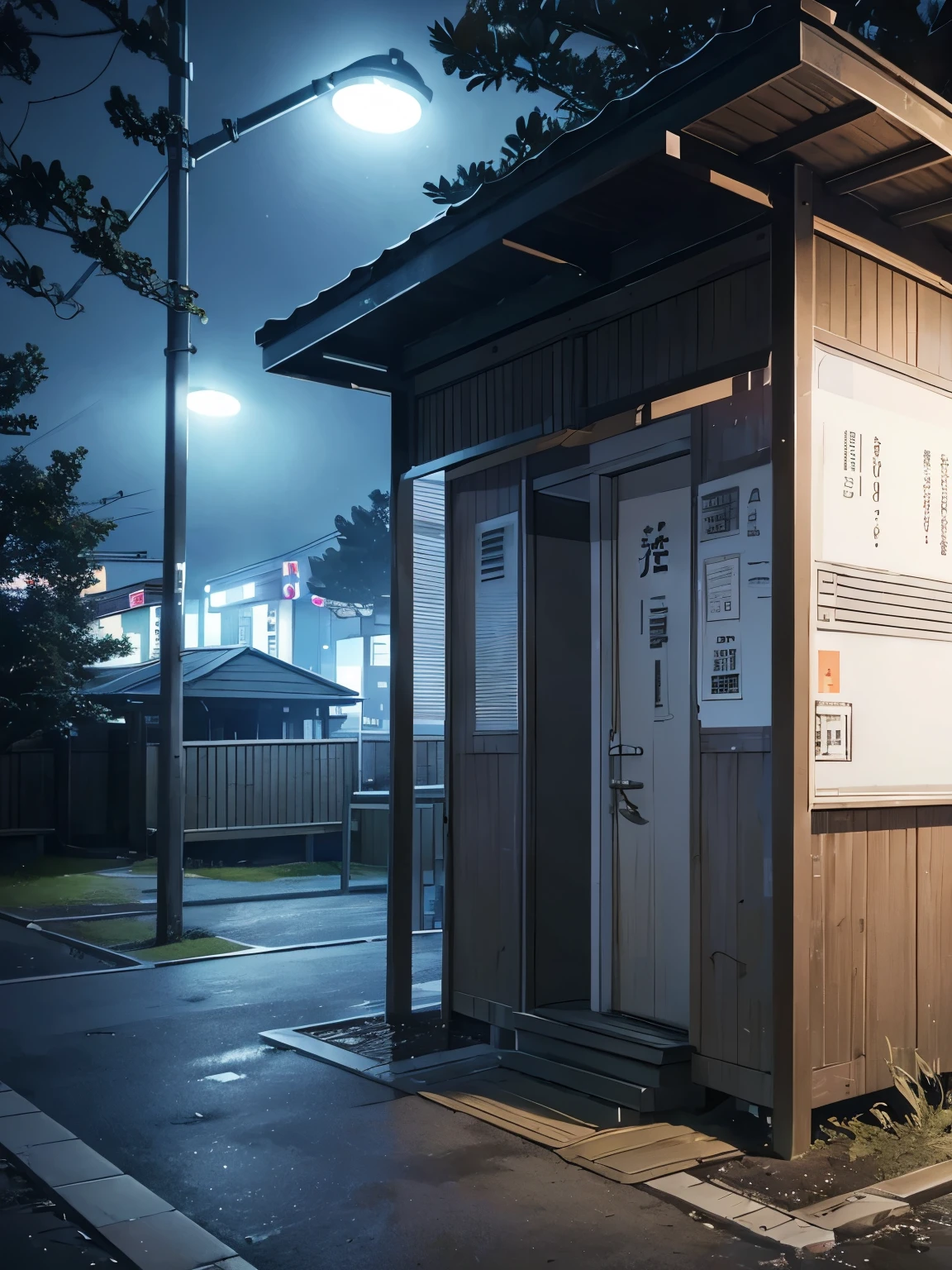 Public toilet building with toilets in a seaside park、A slightly larger building、Wooded、((Dark and mysterious atmosphere at night))、((Overall dark atmosphere))