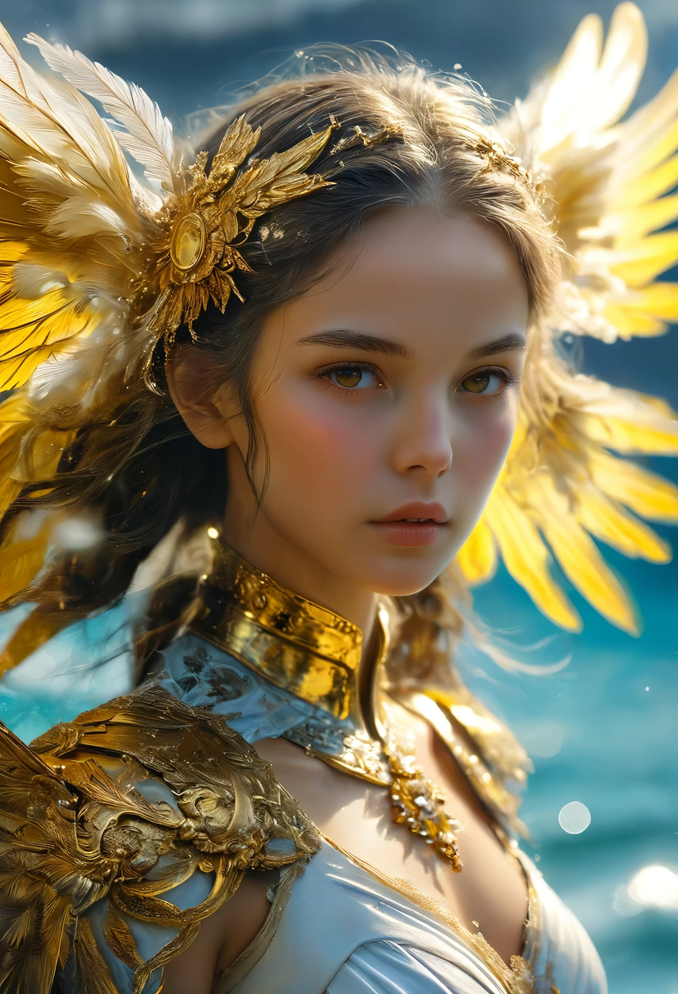 ((RAW Photos)), ((masterpiece)), Anthropomorphic humanoid angel girl in nun armor, Exquisite detail, running, A complex Greebles piece, Sea behind, Yellow wings, beautiful, Fine eyes and lips