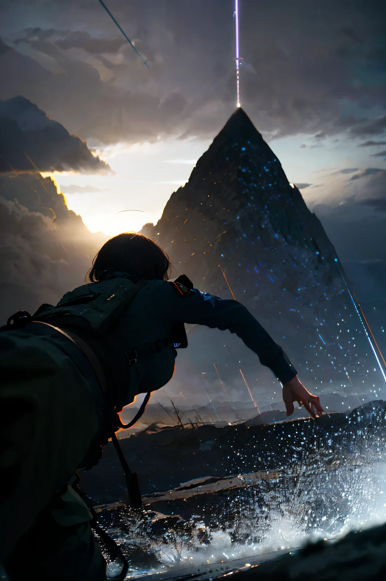 storm、A female soldier in combat uniform in the distance、, Surrealism, cinematic lighting, UHD, anatomically correct, award winning, best quality, highres, 8k