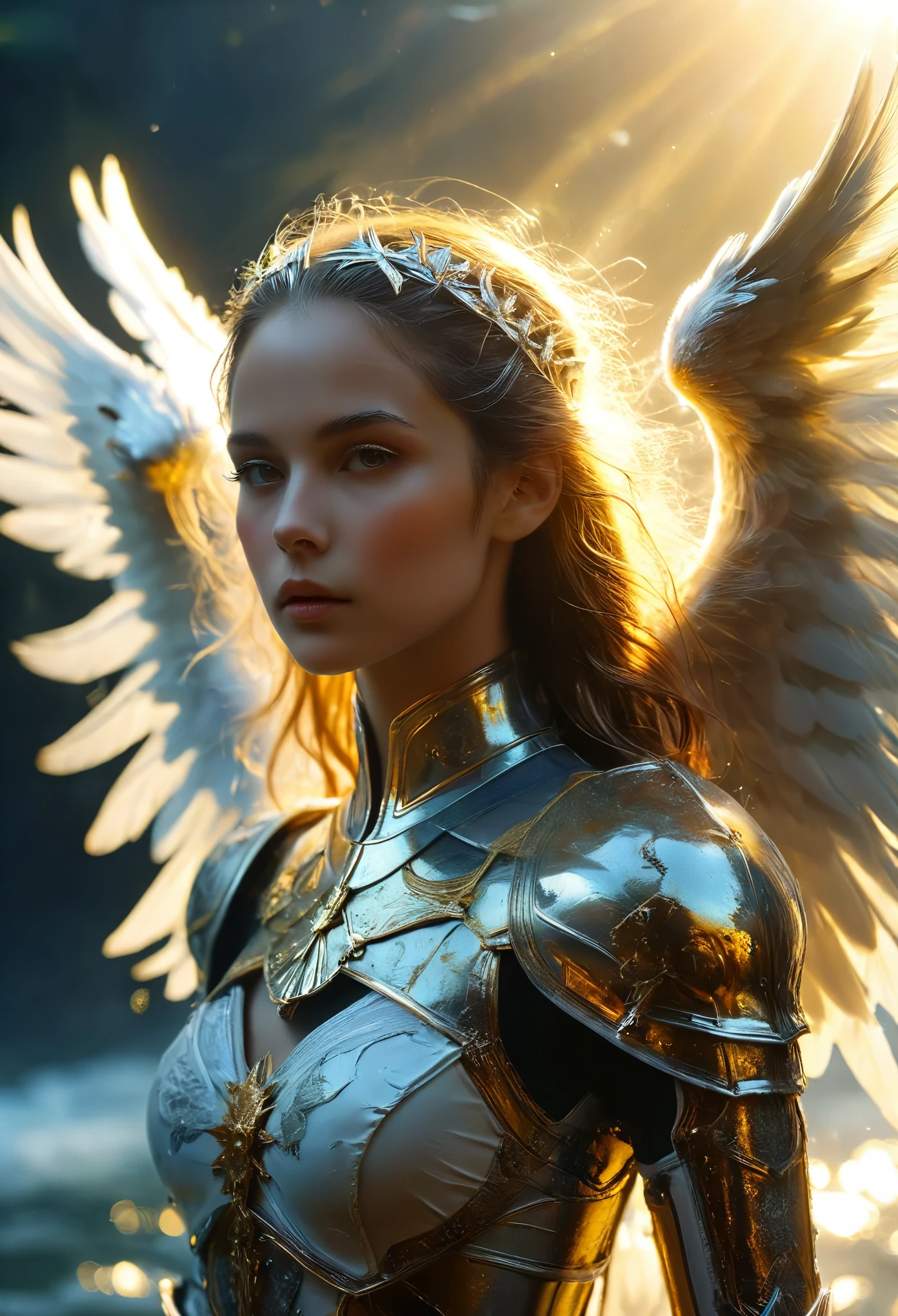 ((RAW Photos)), ((masterpiece)), Anthropomorphic humanoid angel girl in nun armor, Exquisite detail, running, A complex Greebles piece, Sea behind, Yellow wings, beautiful, Fine eyes and lips