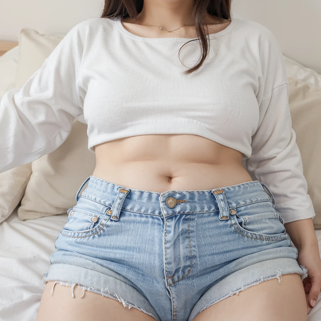 Cute young Korean girl in white wool crop top with visual big belly in really tight jean shorts