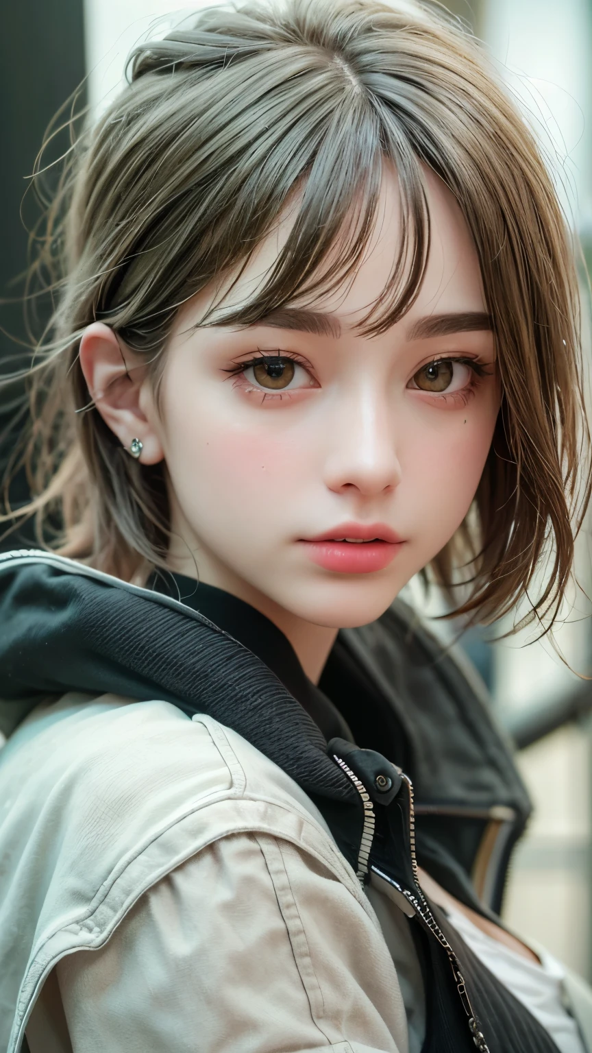 Masterpiece hyperrealist & Photorealistic beautiful girl, Realistic Skin (Pore-filled skin) Short Bob Cut Hair, Realistic red lips,Punk Girl, (head shot:1.5),Shorts