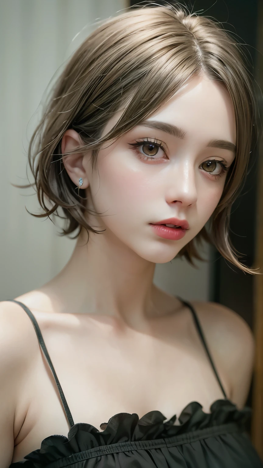 Masterpiece hyperrealist & Photorealistic beautiful girl, Realistic Skin (Pore-filled skin) Short Bob Cut Hair, Realistic red lips,Punk Girl, (head shot:1.5),Shorts