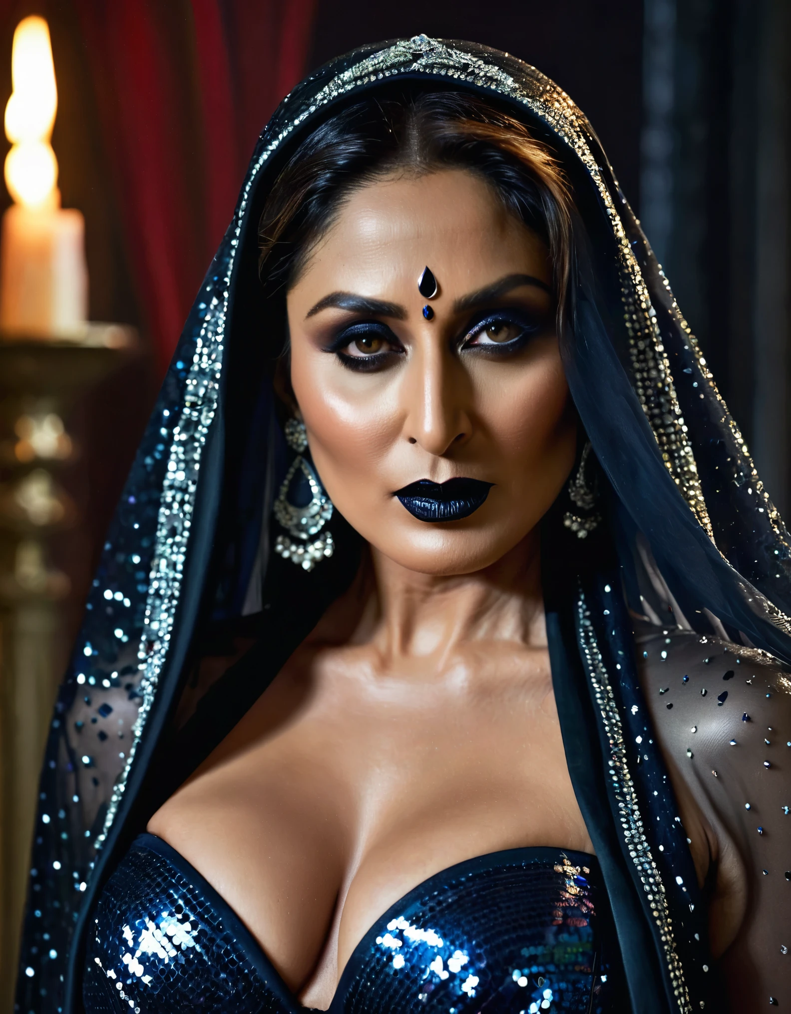 Looks like Kareena Kapoor khan, milf, cougar lady witch, horny Gothic milf,  50 years old gorgeous mature lady, pervert demoness, demoness of lust, curvy, black lips, horny face, extremely gorgeous, thick figure, heavy physique, voluptuous, curvy, sexy figure, Fashionable portrait of androgynous alien looking witch wearing veil, glowing eyes, futuristic design, minimal details, givenchy, photoreal, 200mm, hd, f/ 2.0, highly detailed, surreal, sexy beautiful evil woman, sexy bold sequin Saree with strapless Bra, chudail, Pishachini, horror genre, blood-thirsty enchantress, powerful female spirit, eerie, drop dead, in the style of red and blue, (intricate details, hyperdetailed:1.15) (skin texture:1.2), dark Moody tone, cinematic lighting, haunted place in background, 