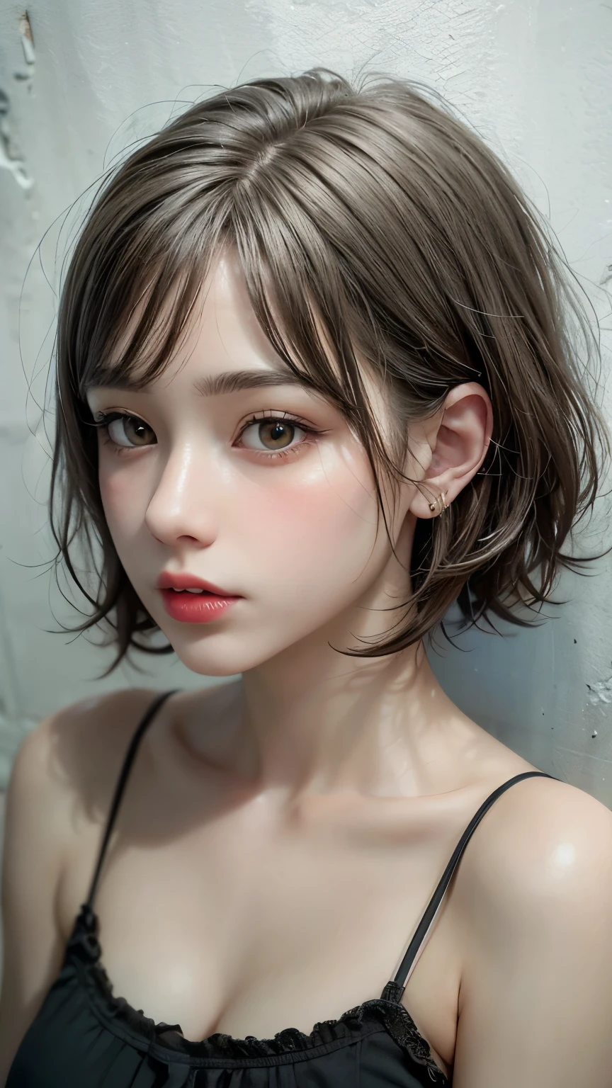 Masterpiece hyperrealist & Photorealistic beautiful girl, Realistic Skin (Pore-filled skin) Short Bob Cut Hair, Realistic red lips,Punk Girl, (head shot:1.5),Shorts