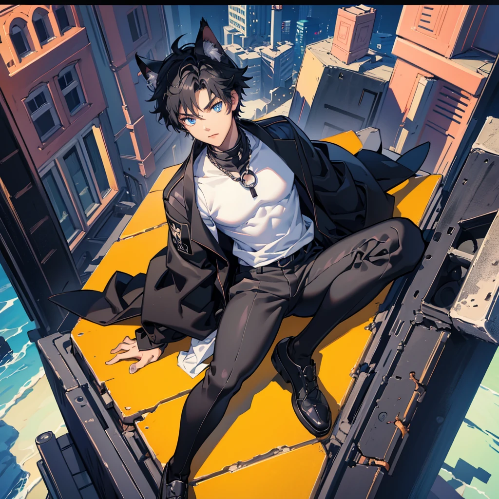1cat boy, anime cat boy with black cat ears black hair and black pants and a black jacket, blue eyes, city, absurdres, high res, ultrasharp, 8K, masterpiece, looking at viewer