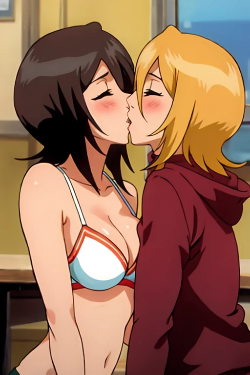 two lesbians kiss each other passionately, tits

