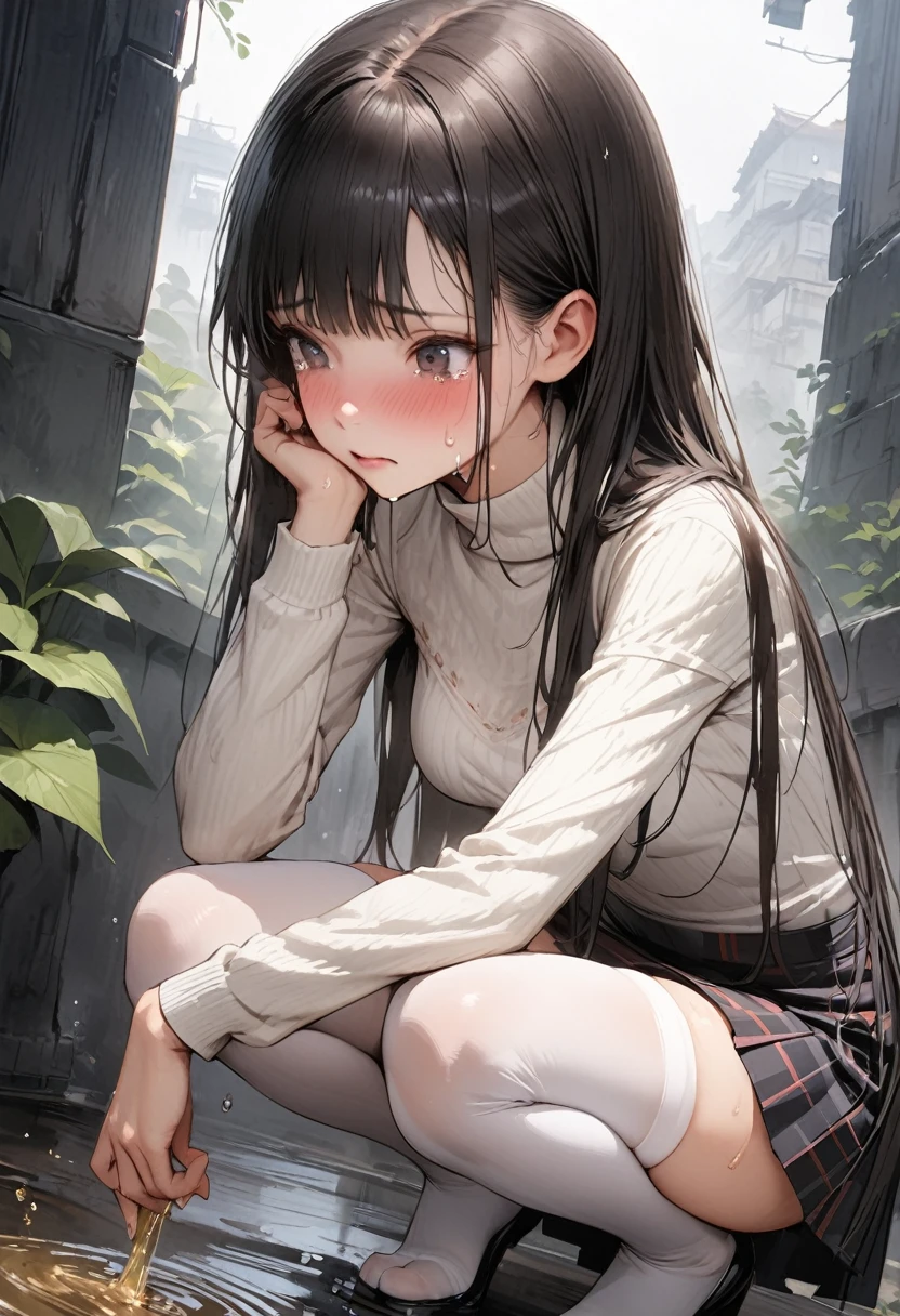 ((masterpiece,Highest quality:1.3,best quality illustration)),(realistic),having clothed sex,man on top,cowboy shot,独奏,1woman,(18 year old beauty),black hair,long hair,bangs,black eyes,gorgeous big eyes,((very small head:1.3)),shy,tears,((very long body:1.2,skinny)),medium breasts,(turtleneck、Long sleeve white knit top、Grey checked mini skirt、white_thighhighs),sweat,gleaming skin,toned body,slender body,lying,on back,spread legs,grass、garden,World of Blade Runner、nsfw,