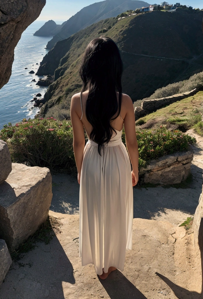 photograph of a mystical girl, ten years old, straight black hair, body tattooed with few leaves, standing, looking from the top of a mountain at a small village by the sea. Surrounded by colorful plants, with the morning sun casting a golden light. The dreamy, cinematic atmosphere with a sense of wonder. The morning light adds a touch of lightness to the serene landscape. 210x140mm.
