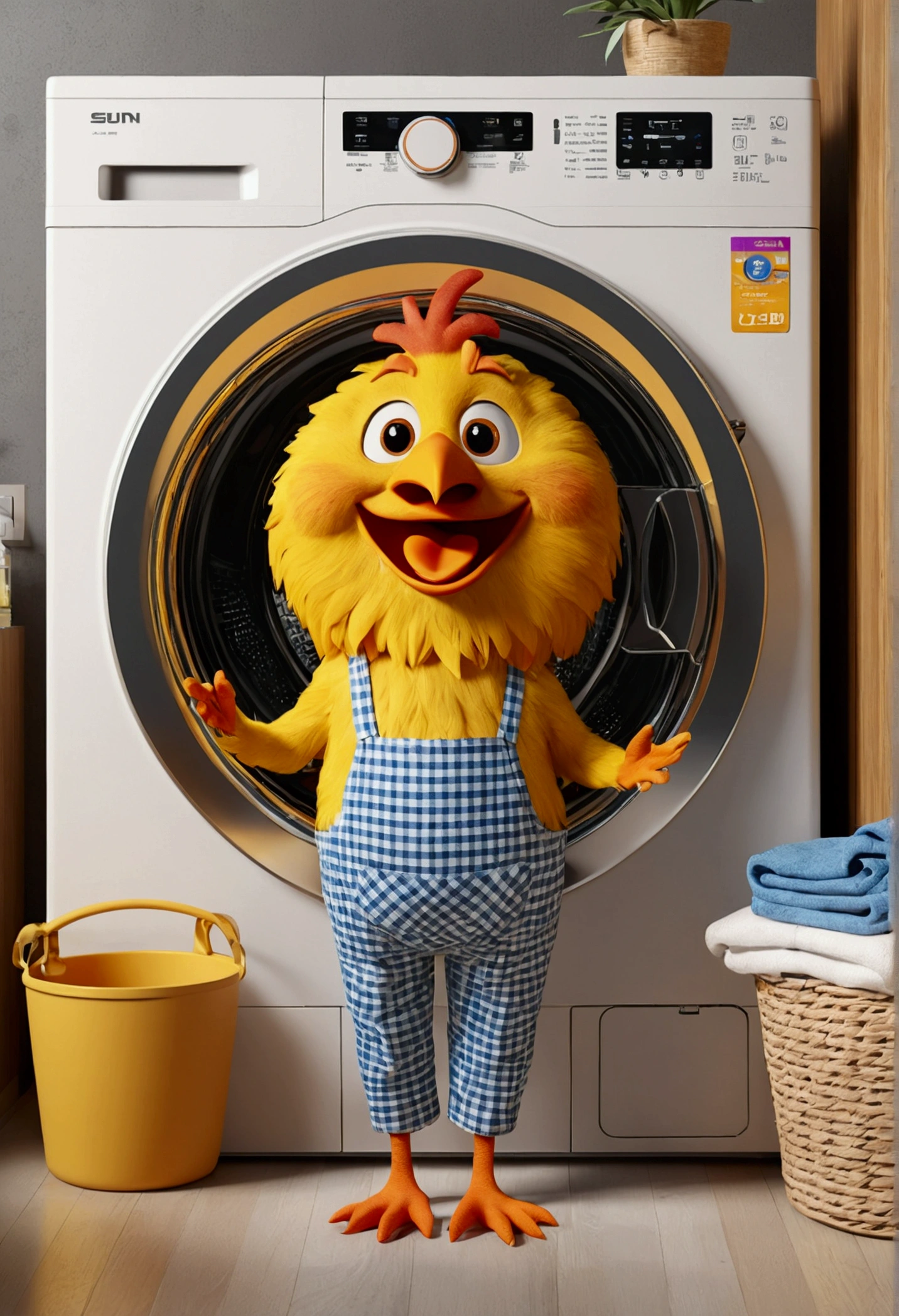 (design of character),Sun with enthusiasm and joy while standing in front of a washing machine, laundry, anthropomorphic sun, Mattresses are chickens, smiling, big shiny eyes, Fantastic,Eccentric,similar to a fairy tale, super detailing, pixel style, vibrant with colors, soft natural light, solid color backdrop, 5-octane rendering, a gorgeous, Ultra Wide Angle, 8k, high realism, 8k