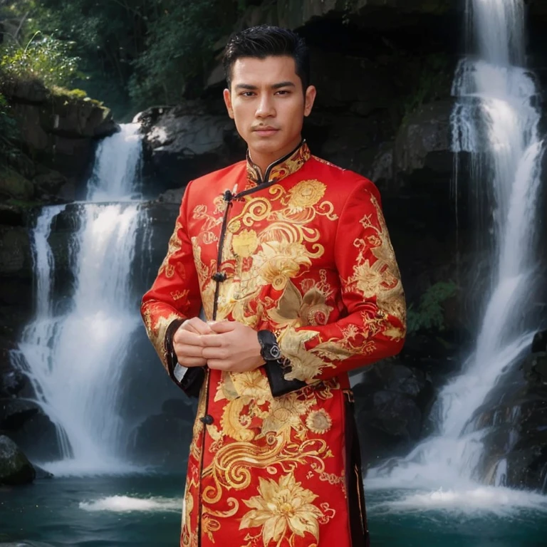 Haraf man, a Southeast Asian man with a round face., Mohawk hair, The face is bright and shiny., Double eyelids, Big eyes, black eyes, has exceptionally black hair, pitch black, In the background is a large waterfall., The evening sun shines beautifully., David Marquez, Andrew Gonzalez, A thin man with light tan skin., inspired By Robbie Trevino, Headshot profile picture, inspired By Adam Dario Kiel, Christian Orrillo, Daniel Mirante, By Adam Dario Kiel, By Robbie Trevino, Rick Dai, Joel Torres, with mountains as the background