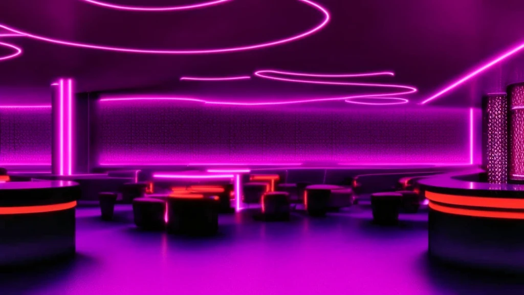 Illustration of a large bar with lots of pink lights, Dance Stage,大型Nightclub dancing inspired, ibiza Nightclub dancing inspired, cyberpunk Nightclub, sci-fi Nightclub, Nightclub, Nightclubs and neons, Nightclub, Futuristic Background, futuristic casino, 3D Rendering, neon accent lighting, Various lighting atmospheres, Magenta lighting. fantasy, Futuristic decoration, cyberpunk strip clubs