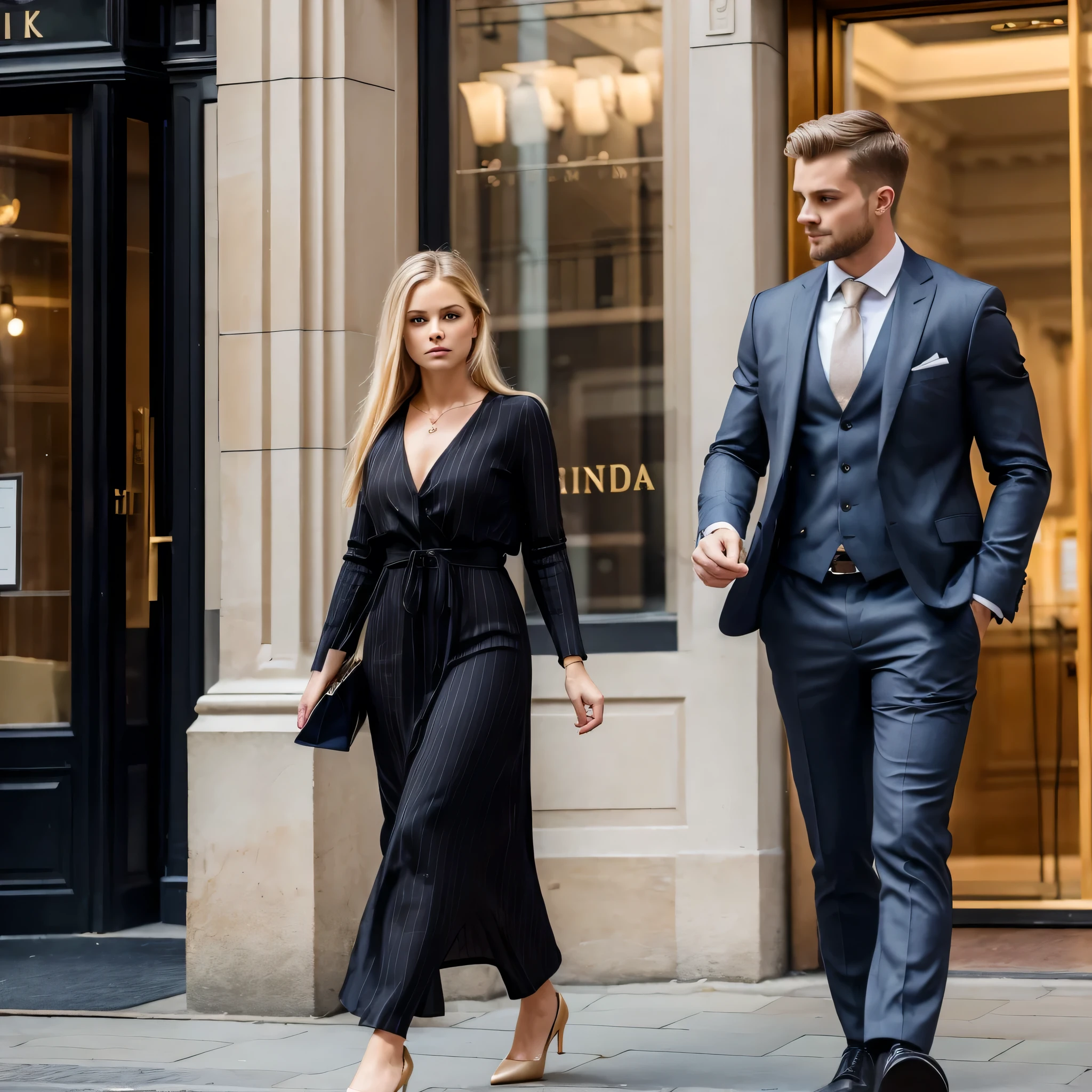 ((best quality)), ((masterpiece)), (detailed), ((couple)) 1woman, very long blonde hair, wearing dress, shopping , in London, England , with 1man, ((tall)) , ((muscular)) , ((dark short hair)) , wearing summer suit