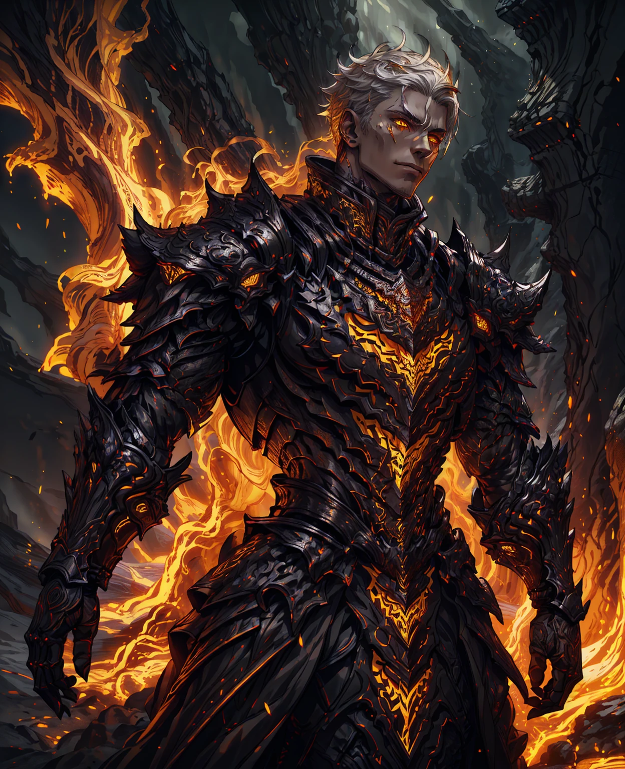 a young man with white hair, piercing yellow eyes, wearing black infernal armor, intricate details, hyper-realistic, dramatic lighting, ethereal, cinematic, dark fantasy, dramatic shadows, moody atmosphere