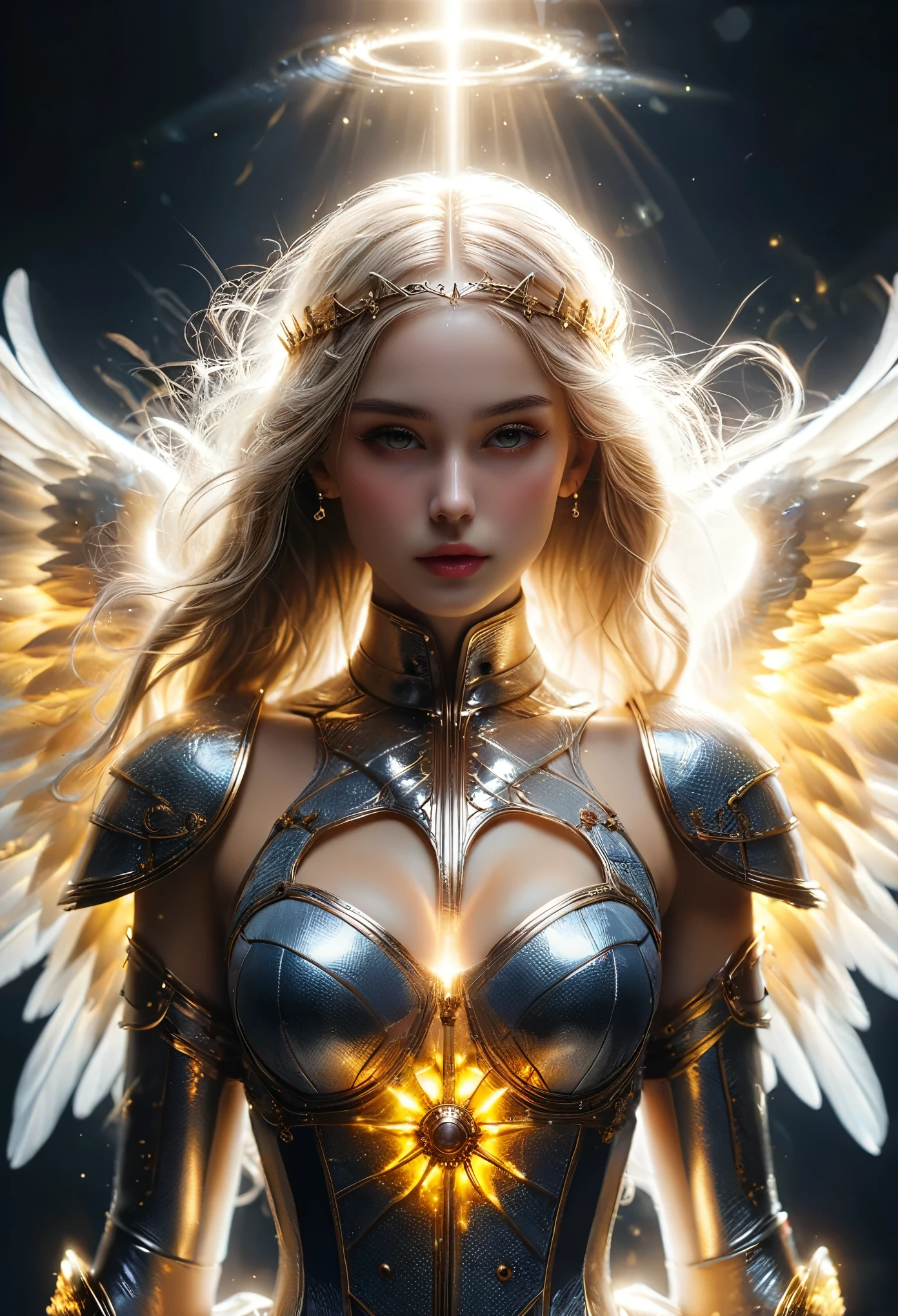((RAW Photos)), ((masterpiece)), Anthropomorphic humanoid angel girl in nun armor, Exquisite detail, running, A complex Greebles piece, Sea behind, Yellow wings, beautiful, Fine eyes and lips