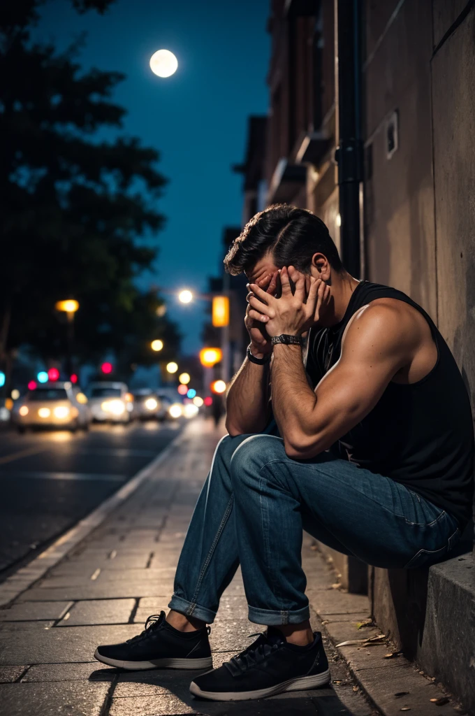 Man crying on the sidewalk at night , With the full moon