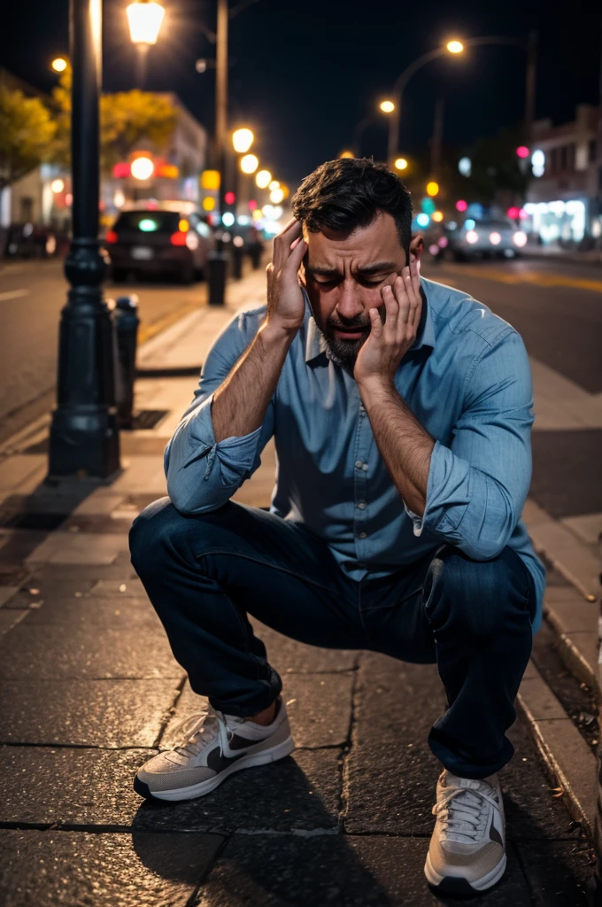 Man crying on the sidewalk at night , With the full moon