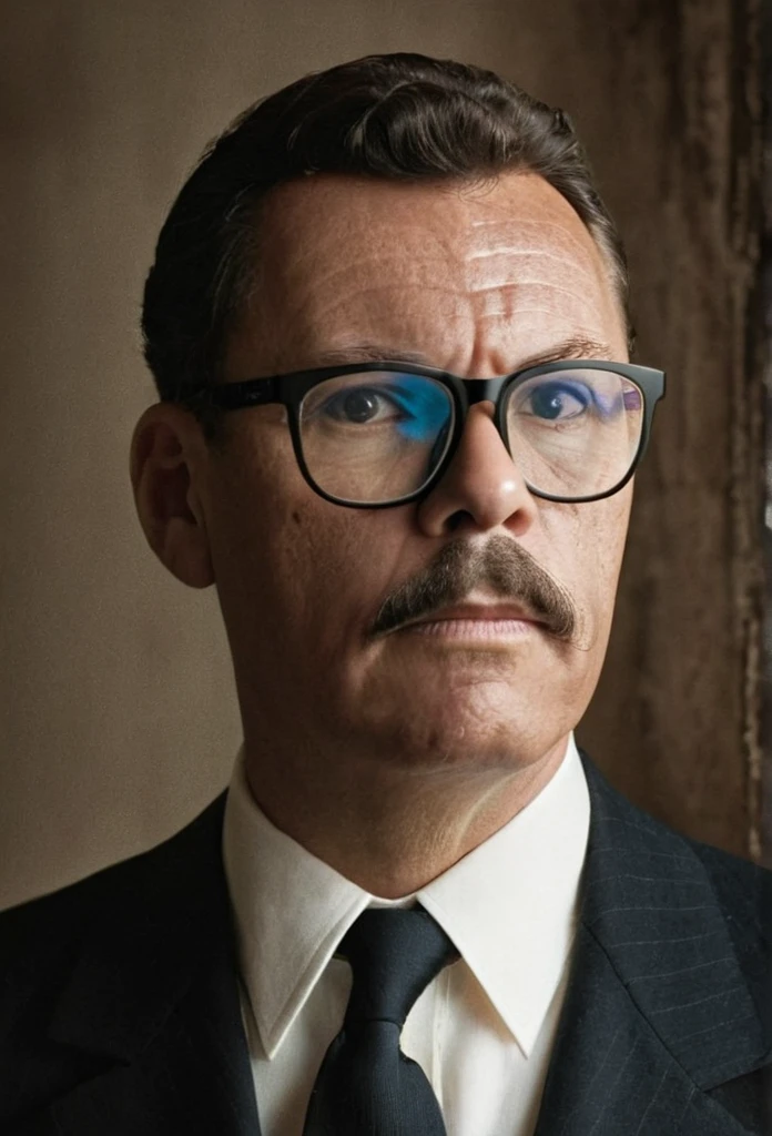 A highly realistic, RAW portrait of a man wearing glasses inspired by a vintage photograph. He has a neatly groomed mustache and short, wavy hair. His attire consists of a dark suit with a white shirt, reflecting an early 20th-century style. The man's expression is serious yet composed, and he gazes slightly off-camera. The background is subtly textured, giving a nostalgic, sepia-toned effect. The lighting is soft and even, emphasizing the historical ambiance and authenticity of the portrait.,gutto2024abr 