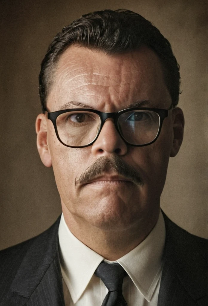 A highly realistic, RAW portrait of a man wearing glasses inspired by a vintage photograph. He has a neatly groomed mustache and short, wavy hair. His attire consists of a dark suit with a white shirt, reflecting an early 20th-century style. The man's expression is serious yet composed, and he gazes slightly off-camera. The background is subtly textured, giving a nostalgic, sepia-toned effect. The lighting is soft and even, emphasizing the historical ambiance and authenticity of the portrait.,gutto2024abr 