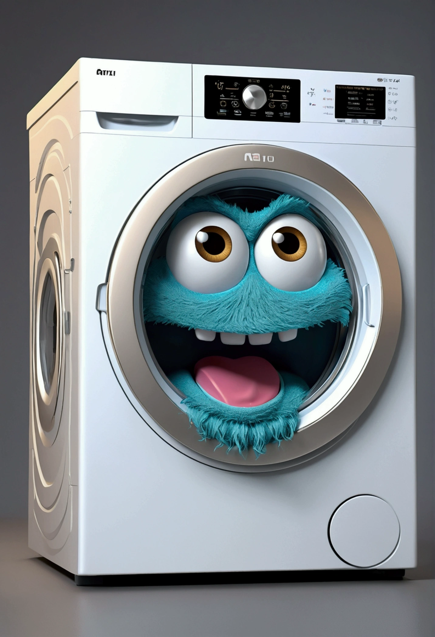 A cute washing machine monster with a smiling face and happy eyes, washing machine until it turns perfect golden with a happy touch. The character is designed in the style of Pixar animation, featuring a bright and fun design, washing clothes. --ar 1:1 -- in 6.0 --3D rendering
