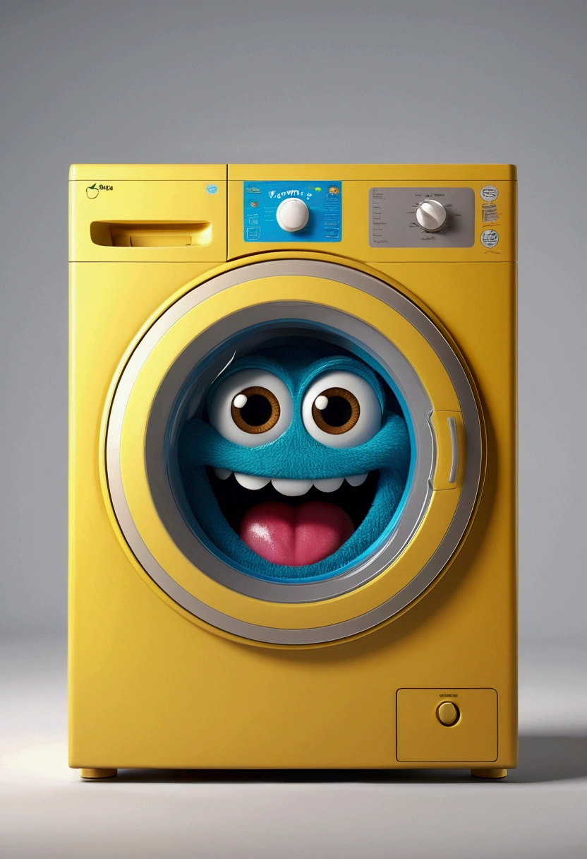 A cute washing machine monster with a smiling face and happy eyes, washing machine until it turns perfect golden with a happy touch. The character is designed in the style of Pixar animation, featuring a bright and fun design, washing clothes. --ar 1:1 -- in 6.0 --3D rendering
