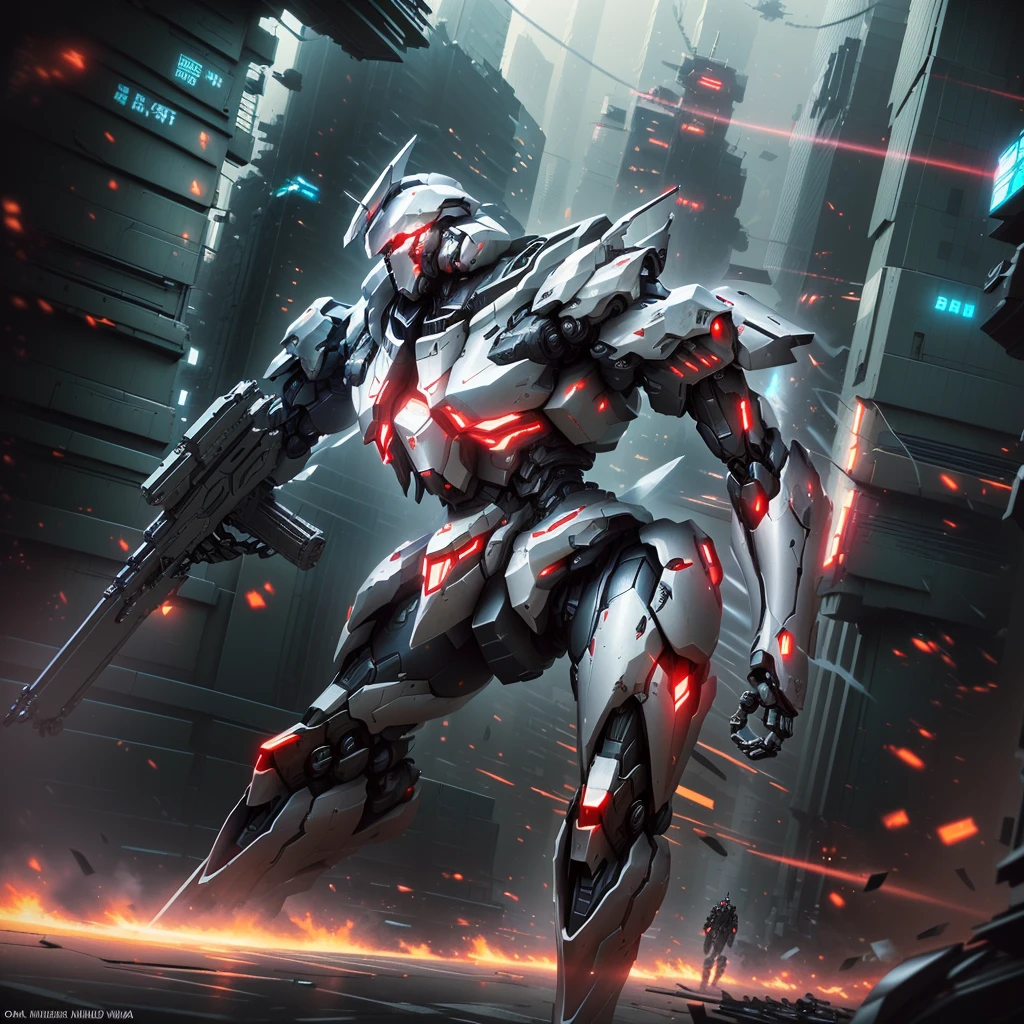 a close-up of an armed robot in a city, armored core style wick, cool mecha style, high detailed official artwork, mecha arte, ultra detailed game art, inspired by mecha, style of raymond swanland, alexandre ferra white mecha, advanced digital anime art”, high quality digital concept art, highly detailed digital art in 4k