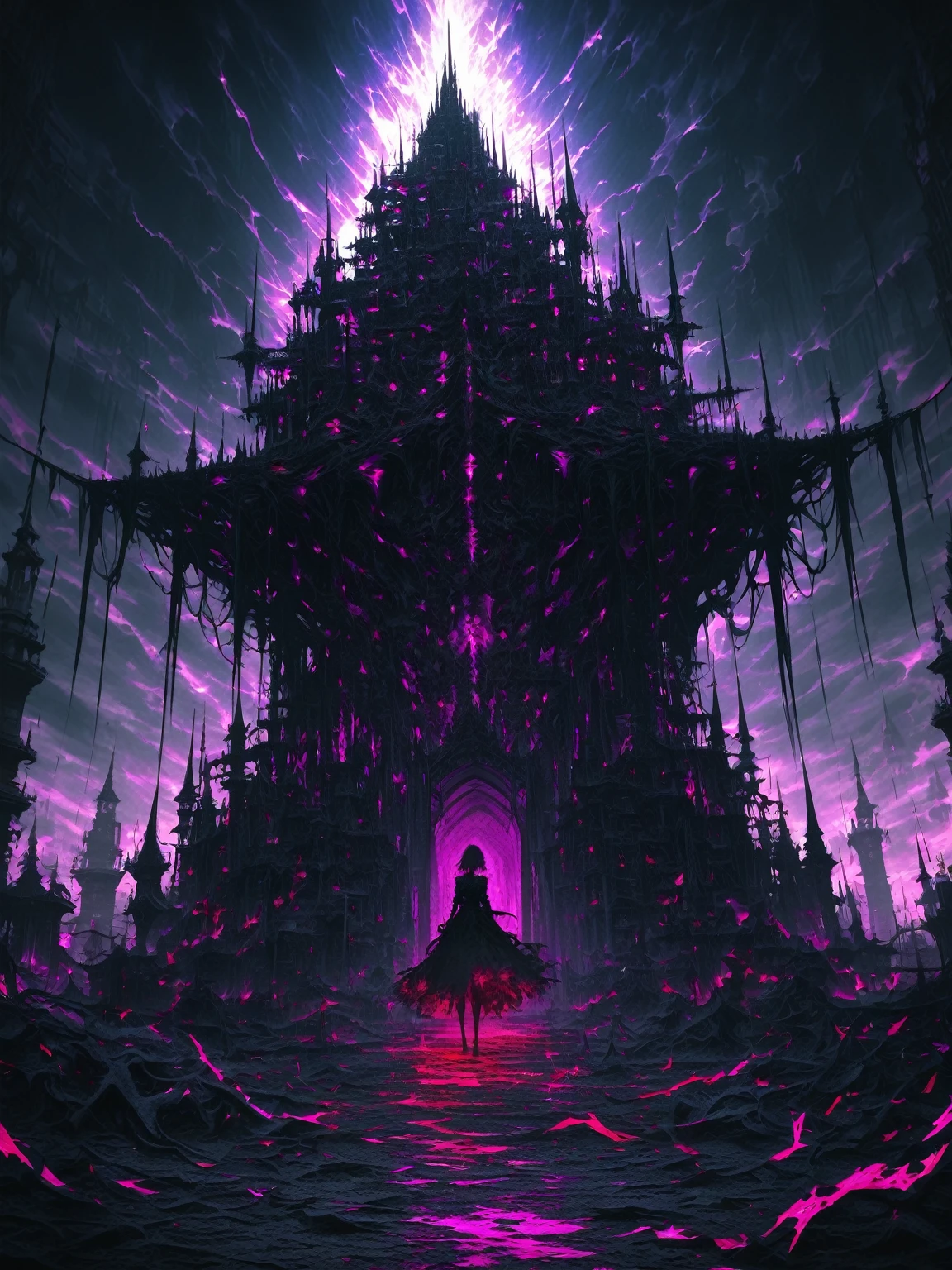 (masterpiece), (ultra detailed), (nightmare), (UHD, HDR), (8k), (highres:1.2), (intricate and beautiful:1.2), (dramatic lighting:1.2)
Talk and big Tower of nightmare - With blood-red accents and purple details, A clean black lawn in the background