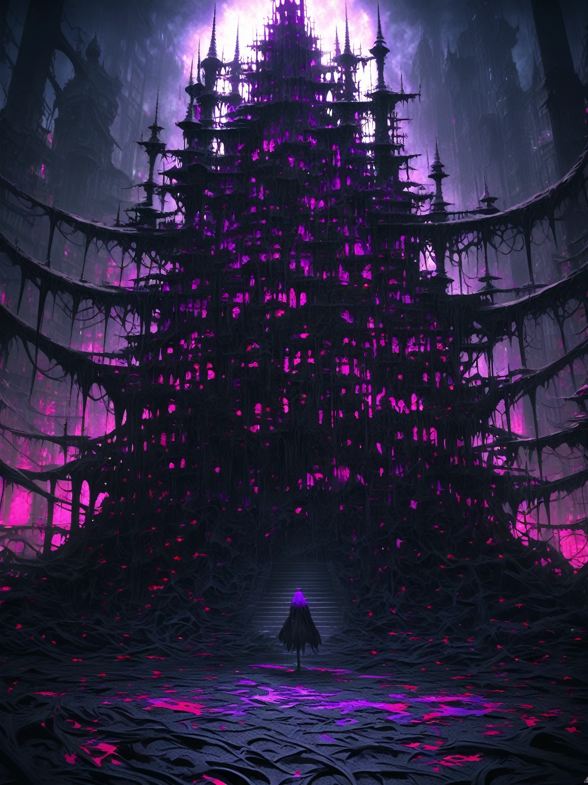 (masterpiece), (ultra detailed), (nightmare), (UHD, HDR), (8k), (highres:1.2), (intricate and beautiful:1.2), (dramatic lighting:1.2)

Talk and big Tower of nightmare - With blood-red accents and purple details, A clean black lawn in the background