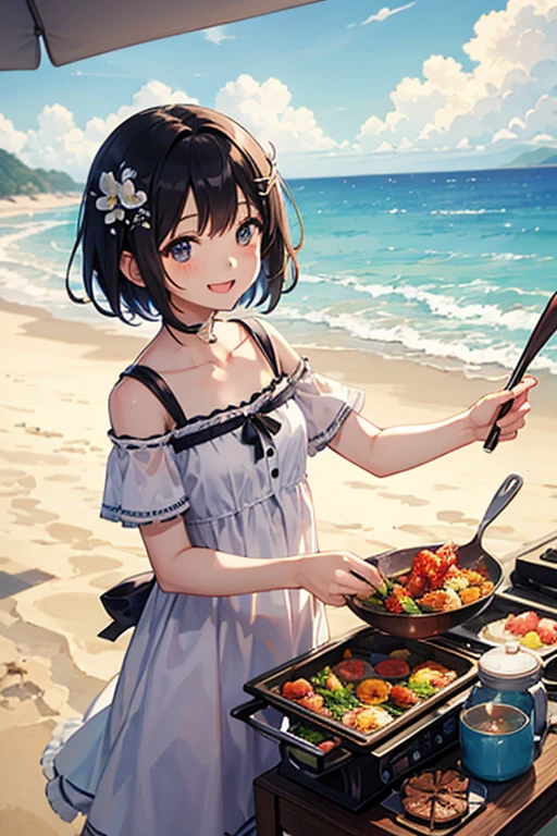 Highest quality、front、Black Hair、Iris、short hair、girl、cute、16 years old、、Small hair ornament、1 person、Sundress、Beach、barbecue、cooking、Excited、A happy smile、Happy expression、