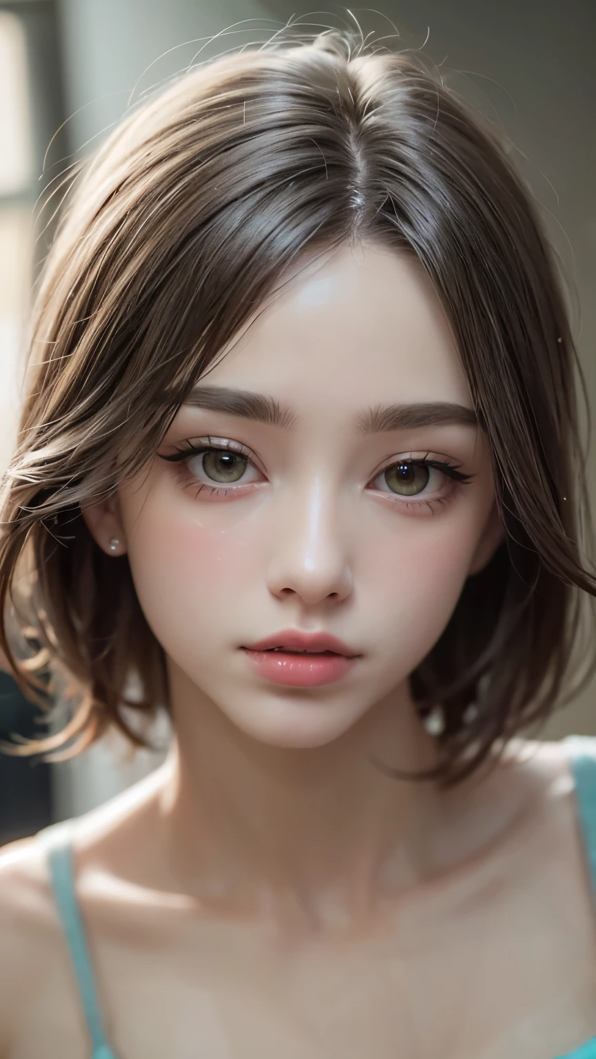 Masterpiece hyperrealist & Photorealistic beautiful girl, Realistic Skin (Pore-filled skin) Short Bob Cut Hair, Realistic red lips,Punk Girl, (head shot:1.5),Shorts