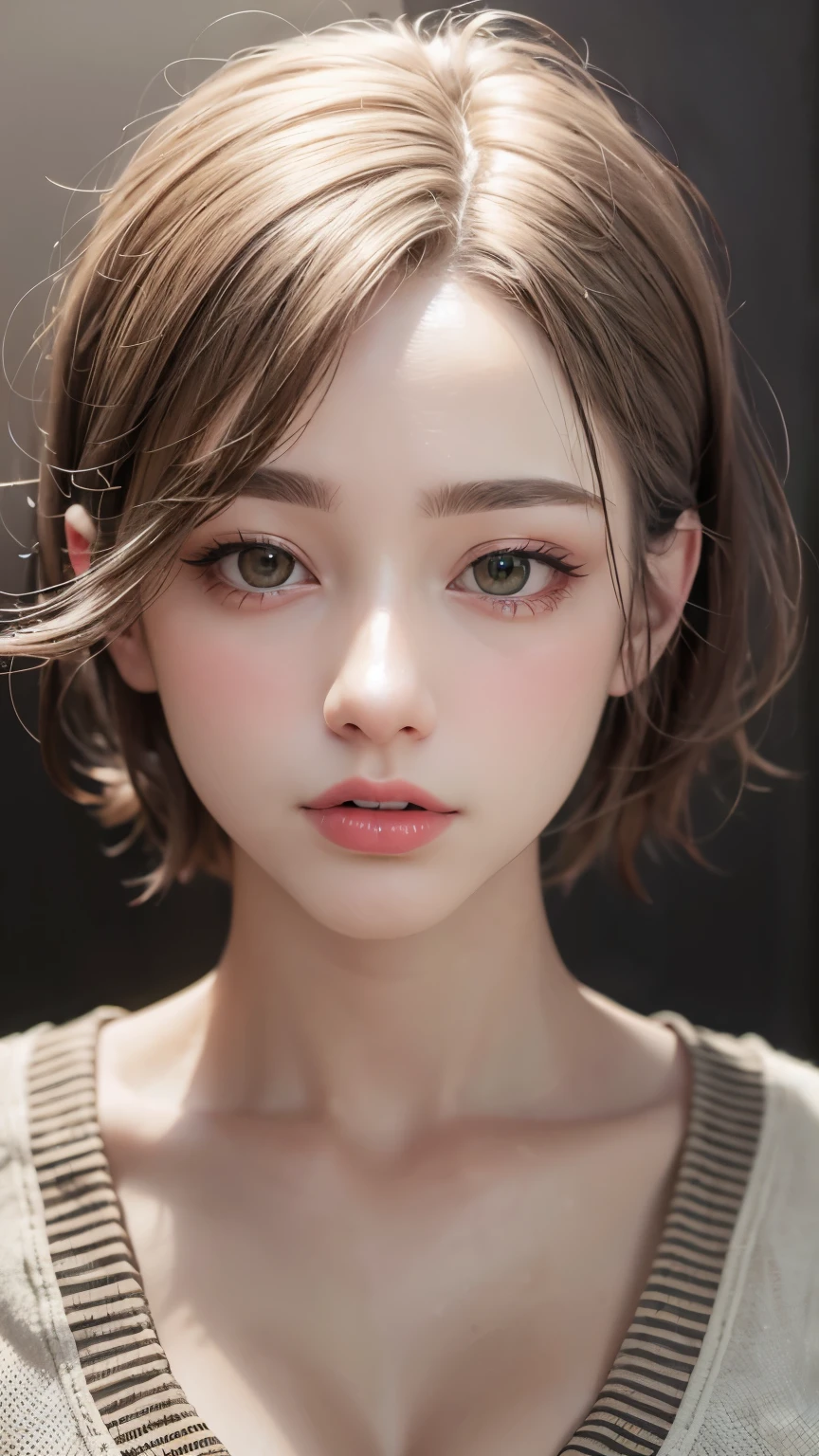 Masterpiece hyperrealist & Photorealistic beautiful girl, Realistic Skin (Pore-filled skin) Short Bob Cut Hair, Realistic red lips,Punk Girl, (head shot:1.5),Shorts