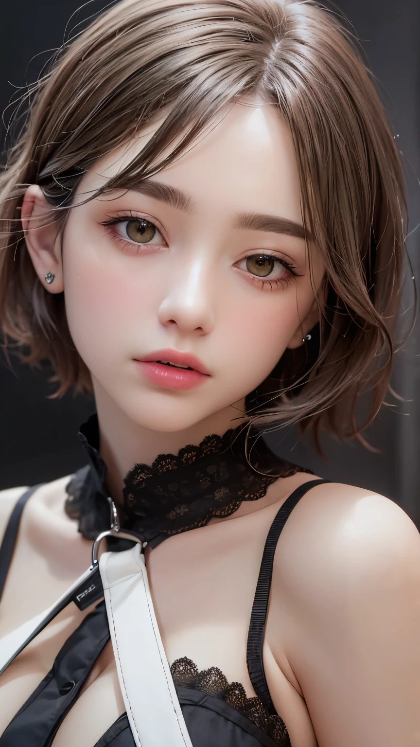 Masterpiece hyperrealist & Photorealistic beautiful girl, Realistic Skin (Pore-filled skin) Short Bob Cut Hair, Realistic red lips,Punk Girl, (head shot:1.5),Shorts