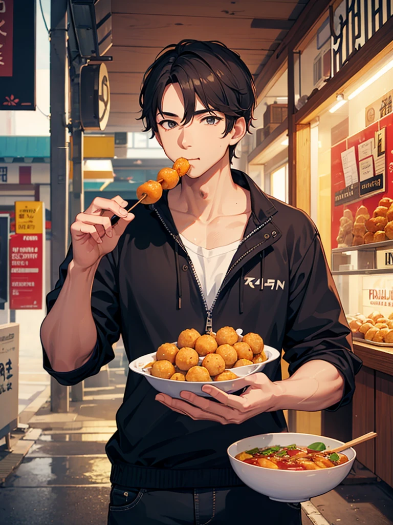 A man eating a fishball.