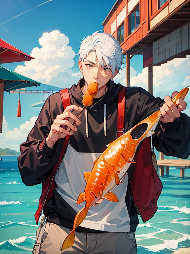 A man eating a fishball.