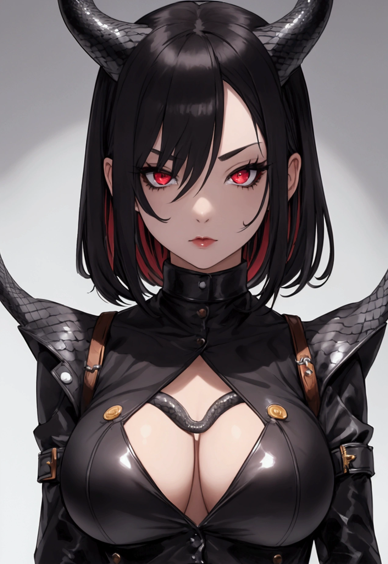 1 girl,upper body,black hair,stand,straight-on,red and blackeyes,masterpiece, best quality, very aesthetic, absurdres,Pasties,breast out, Covered nipples,clothes, nippleless_clothes