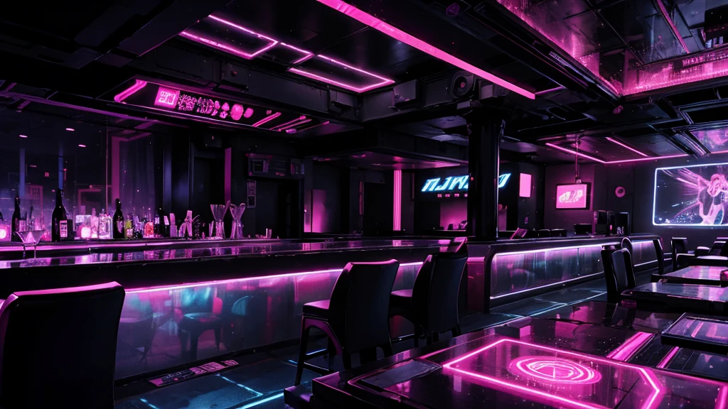 Illustration of a large bar with lots of pink lights, Dance Stage，大型Nightclub dancing inspired, ibiza Nightclub dancing inspired, cyberpunk Nightclub, sci-fi Nightclub, Nightclub, Nightclubs and neons, Nightclub, Futuristic Background, futuristic casino, 3D Rendering, neon accent lighting, Various lighting atmospheres, Magenta lighting. fantasy, Futuristic decoration, cyberpunk strip clubs