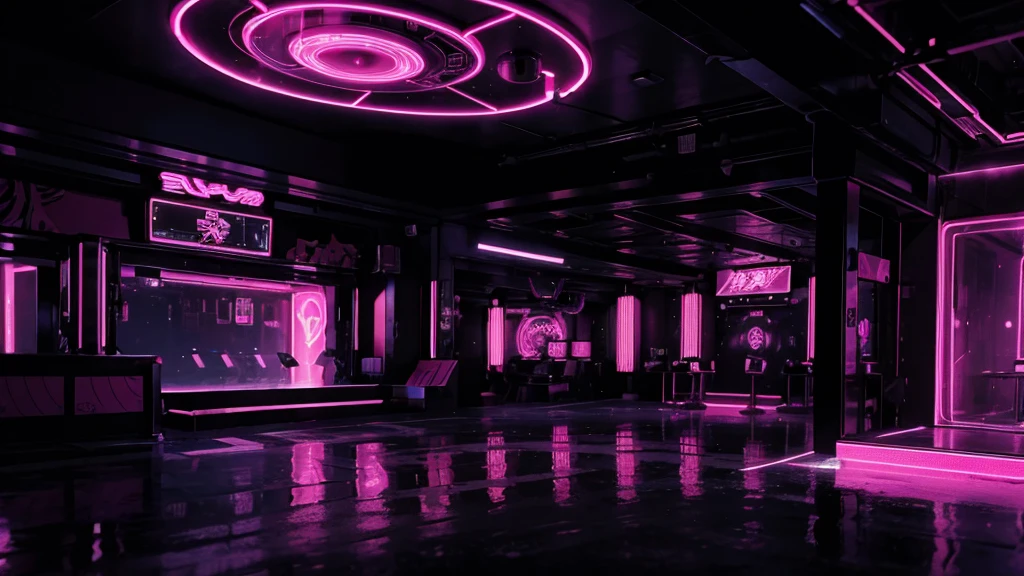 Illustration of a large bar with lots of pink lights, Dance Stage,大型Nightclub dancing inspired, ibiza Nightclub dancing inspired, cyberpunk Nightclub, sci-fi Nightclub, Nightclub, Nightclubs and neons, Nightclub, Futuristic Background, futuristic casino, 3D Rendering, neon accent lighting, Various lighting atmospheres, Magenta lighting. fantasy, Futuristic decoration, cyberpunk strip clubs