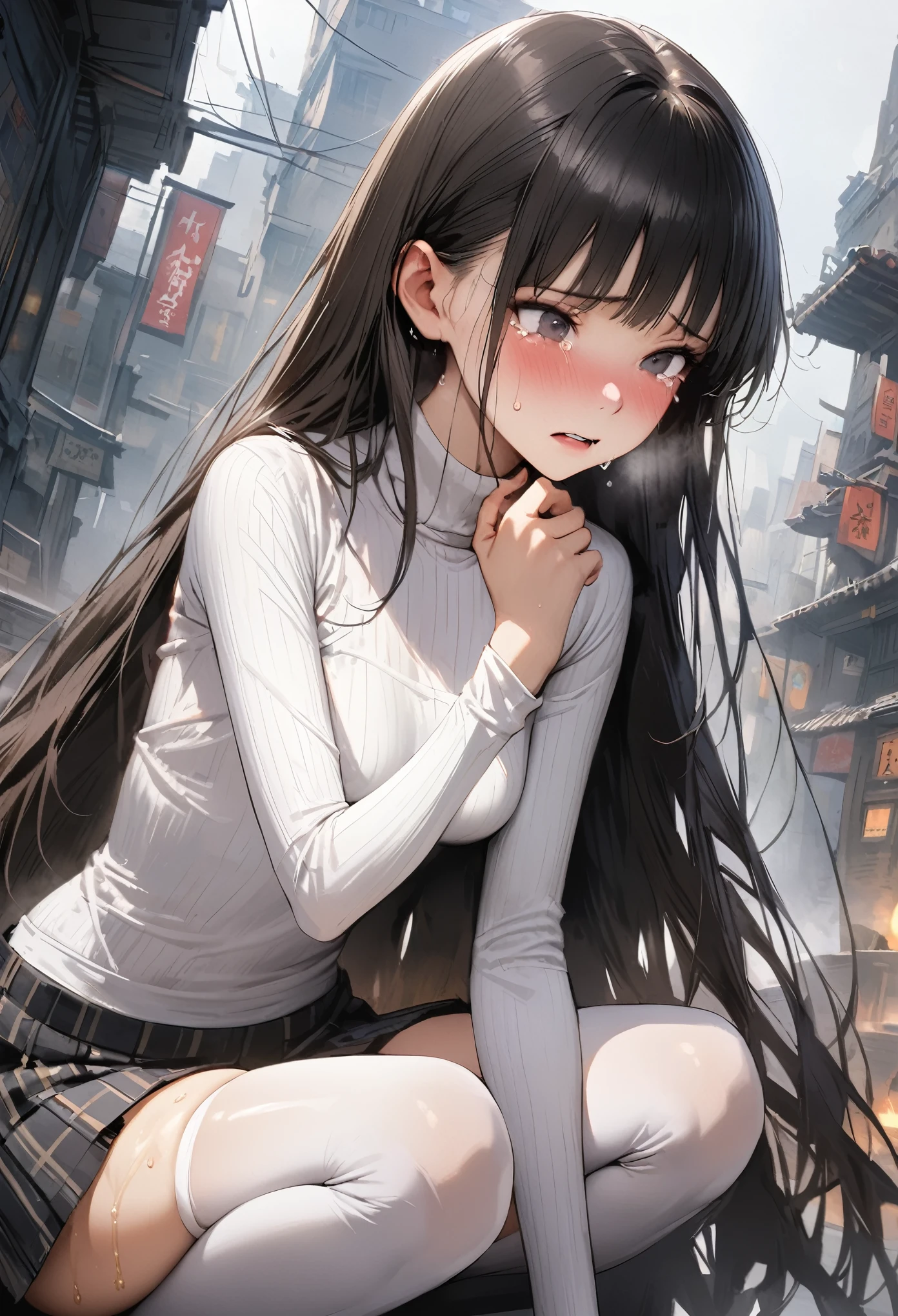 ((masterpiece,Highest quality:1.3,best quality illustration)),(realistic),cowboy shot,独奏,1woman,(18 year old beauty),black hair,long hair,bangs,black eyes,gorgeous big eyes,((very small head:1.3)),shy,tears,((very long body:1.2,skinny)),medium breasts,(turtleneck、Long sleeve white knit top、Grey checked mini skirt、white_thighhighs),sweat,gleaming skin,toned body,slender body,squatting,peeing,World of Blade Runner、