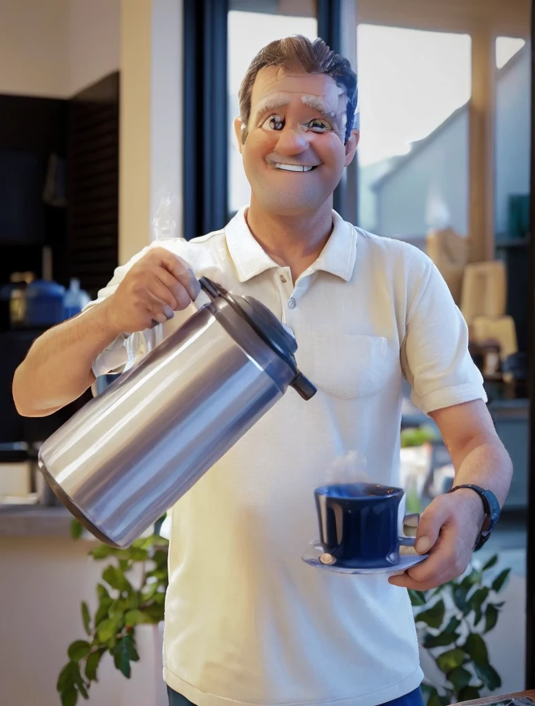 middle aged man smiling happy with bottle cup of coffee in effect 3d drawing pixar disney