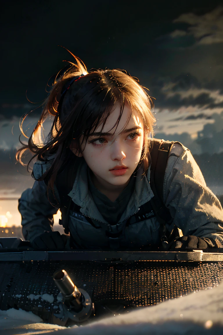 Battlefields of Ukraine、storm、Female soldier in combat uniform fighting tank、, Surrealism, cinematic lighting, UHD, anatomically correct, award winning, best quality, highres, 8k