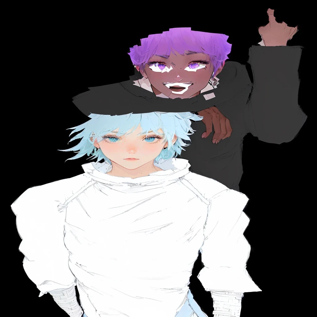 I would like to request the rendering of the attached drawing, with special attention to the textures of the characters' clothing and hair. Here are the specific details:
Character with purple hair:
Hair: Add a texture that enhances the volume and shine of the purple hair, giving it a vibrant and dynamic look.
Clothing: The black outfit should have a texture that suggests a durable material, perhaps something similar to leather or thick fabric. The shaded areas should be well-defined to provide depth.
Character with light blue hair:
Hair: Add a soft texture that highlights the movement and lightness of the light blue hair. The shadow and light areas should be well-defined to create a three-dimensional look.
Clothing: The white outfit should have a texture that suggests a light and flowing fabric, like cotton or linen. Details such as folds and shadows should be well worked to provide depth and realism.
Thank you in advance for your work and I look forward to seeing the final result. If you need more information or adjustments, please let me know.