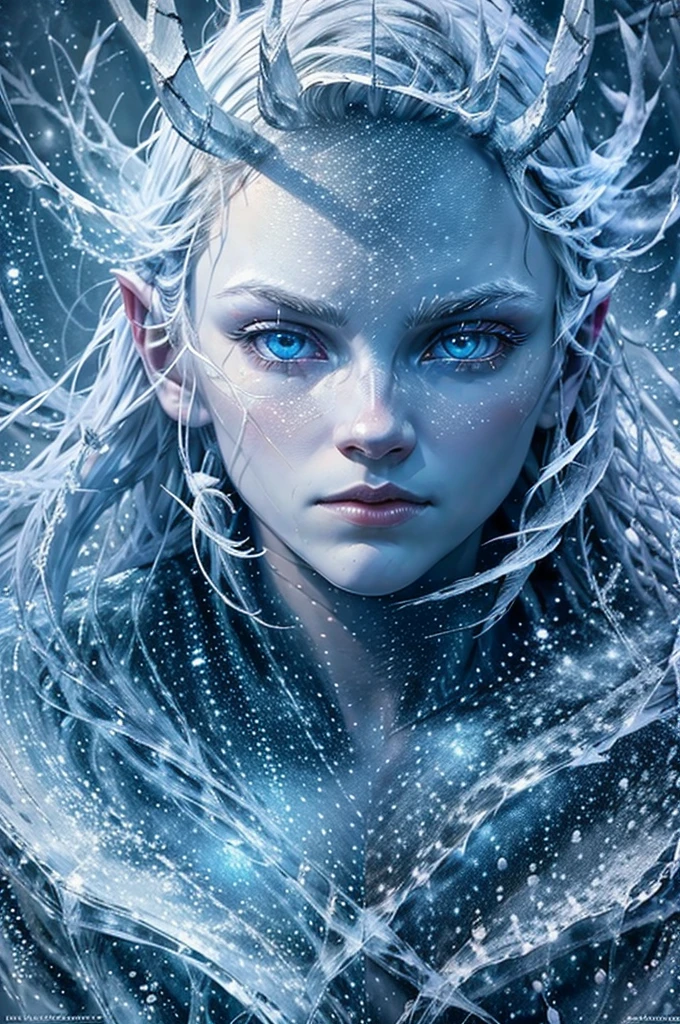 A young man with a round and square face, golden slanted eyes, short golden/blonde hair, an ice demon with skin pale as paper, a tail and horns covered in ice, wearing a white toga, (best quality,4k,8k,highres,masterpiece:1.2),ultra-detailed,(realistic,photorealistic,photo-realistic:1.37),extremely detailed eyes and face,longeyelashes,fantasy,concept art,cinematic lighting,dramatic lighting,dramatic shadows,chiaroscuro,muted colors,cold colors