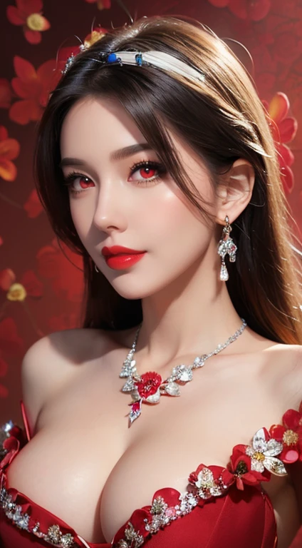 1 beautiful and attractive 20 year old girl, ((wearing an ultra-thin red dress with diamonds: 1.8)), ((long platinum hair: 1.6)), bangs, elaborate jewelry made from noble stones and beautiful hair, ( ( wearing a black lace necklace:1.4))), noble, aristocratic style of an extremely beautiful girl, super cute little face, very pretty face, thin eyebrows, beautiful face, flawleslack eye pupils: 0.8))), very pleasing to the eyes, ((light red eyes: 1.5)), beautiful makeup and hair, detailed eyelashes, eye makeup wet, high nose, earrings, red lips, ((closed mouth: 1;5 )) beautiful lips, slim hands, most beautiful thighs, rosy face, clean face, flawless beautiful face, fair skin smooth white skin, ((big breasts: 1.5)), ((high breasts: 1.6)), firm breasts, nice cleavage, (((super round breasts: 1.6))), ((super tight breasts: 1.7 )), beautiful breasts, ((shoulder width: 1.8)), beautiful breasts, thin black mesh stockings with black lace trim, perfect body, 8k photo, super high quality, super realistic, super 10x pixels, research optical, studio light, edge light, two-tone light, (high detail skin: 1.2), ultra 8k, soft light, high quality, volumetric light, optical, resolution high optics, lighting, best photo, 4k, 8k quality, blur effect, smooth sharpness, 10 x pixels, ((red flower background:1.7)), aurora, lightning, super graphics realistic, most realistic drawing map, alone, solo, extreme sharp image, surreal, upper body of girl, (((frontal portrait: 1.6)))."