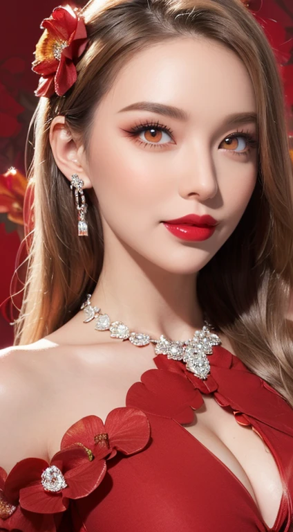 1 beautiful and attractive 20 year old girl, ((wearing an ultra-thin red dress with diamonds: 1.8)), ((long platinum hair: 1.6)), bangs, elaborate jewelry made from noble stones and beautiful hair, ( ( wearing a black lace necklace:1.4))), noble, aristocratic style of an extremely beautiful girl, super cute little face, very pretty face, thin eyebrows, beautiful face, flawleslack eye pupils: 0.8))), very pleasing to the eyes, ((light red eyes: 1.5)), beautiful makeup and hair, detailed eyelashes, eye makeup wet, high nose, earrings, red lips, ((closed mouth: 1;5 )) beautiful lips, slim hands, most beautiful thighs, rosy face, clean face, flawless beautiful face, fair skin smooth white skin, ((big breasts: 1.5)), ((high breasts: 1.6)), firm breasts, nice cleavage, (((super round breasts: 1.6))), ((super tight breasts: 1.7 )), beautiful breasts, ((shoulder width: 1.8)), beautiful breasts, thin black mesh stockings with black lace trim, perfect body, 8k photo, super high quality, super realistic, super 10x pixels, research optical, studio light, edge light, two-tone light, (high detail skin: 1.2), ultra 8k, soft light, high quality, volumetric light, optical, resolution high optics, lighting, best photo, 4k, 8k quality, blur effect, smooth sharpness, 10 x pixels, ((red flower background:1.7)), aurora, lightning, super graphics realistic, most realistic drawing map, alone, solo, extreme sharp image, surreal, upper body of girl, (((frontal portrait: 1.6)))."