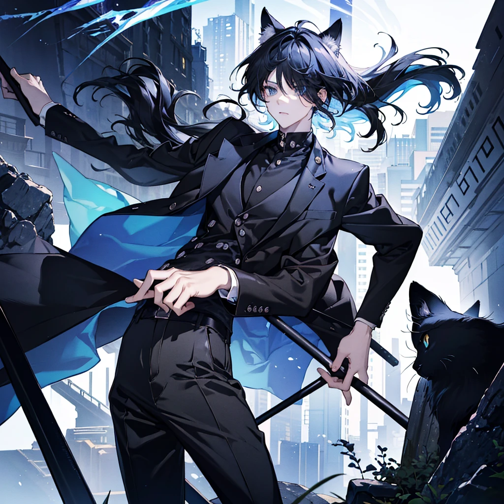 1cat boy, anime cat boy with black cat ears black hair and black pants and a black jacket, blue eyes, city, absurdres, high res, ultrasharp, 8K, masterpiece, looking at viewer
