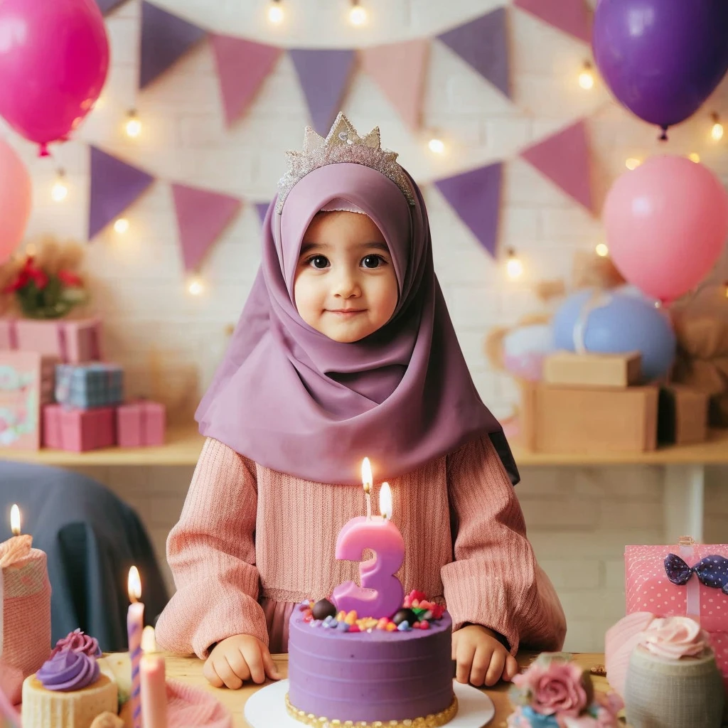real potrait, full body, long shot, a wearing a hijab, Sit down, in front of him is a birthday cake, there are number candles "3", Behind there are birthday party accessories, festive atmosphere, charming bright colors