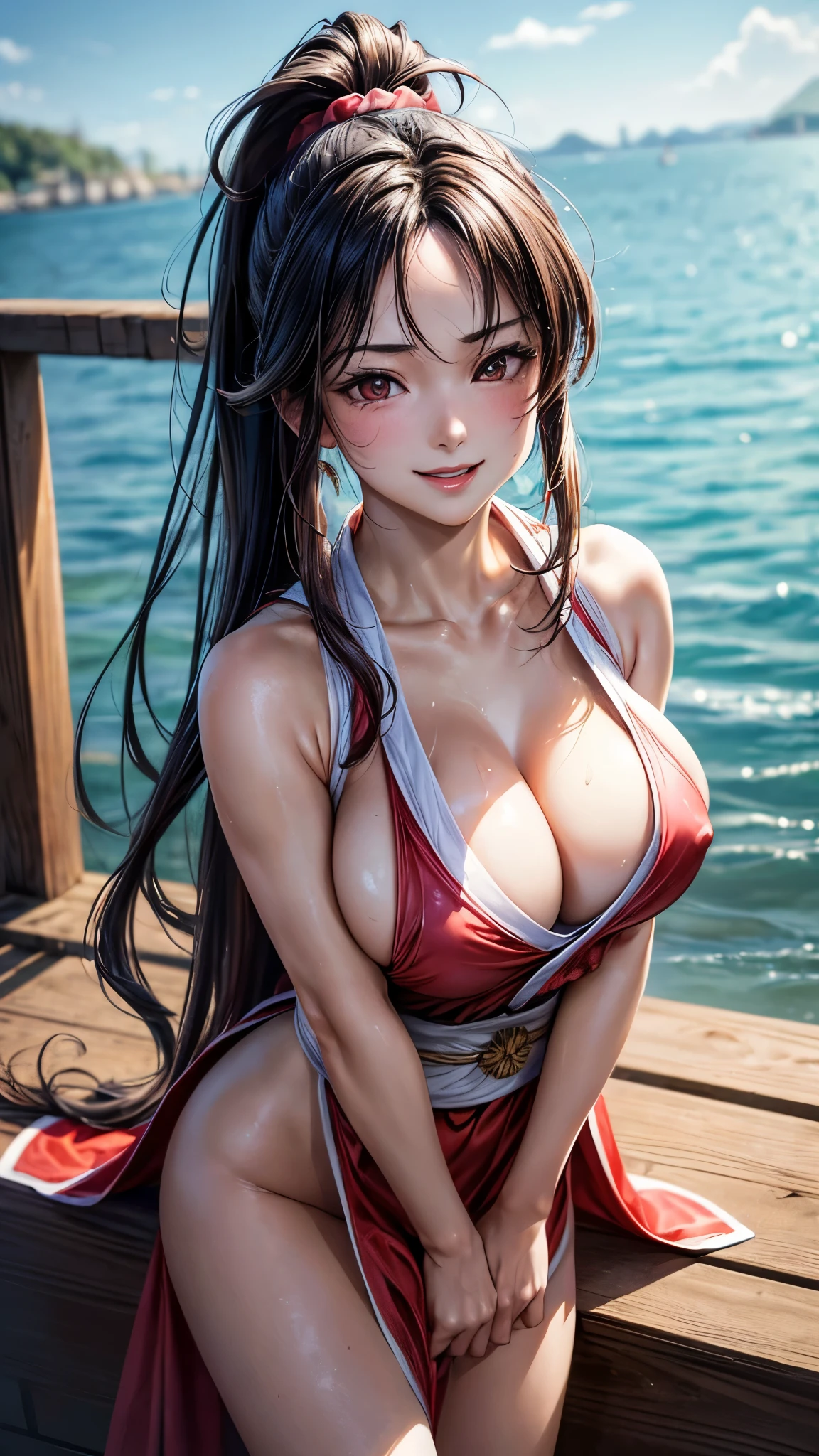 (masterpiece, Highest quality:1.3), (Super detailed:1.4),(Super detailedな顔:1.2),(Super detailedな目:1.2), (hyperRealistic:1.3), (RAW Photos:1.2), High-definition RAW color photos, Professional photos, (PhotoRealistic:1.4), (Realistic:1.4),8k,Professional Lighting, Perfect Anatomy, BREAK,(Big Breasts:1.6),blush,(Bright smile:1.2),(Mai Shiranui\(cosplay\):1.3), High detail, Sharp focus, dramatic,dutch angle,Long black hair,(Red costume:1.2),Ponytail,forehead,Scattered beneath the surface, reflection,Caustics,lake,cloud,sun,(sexy pose:1.2),(sweaty skin:1.1),(Shooting on the pier:1.1)