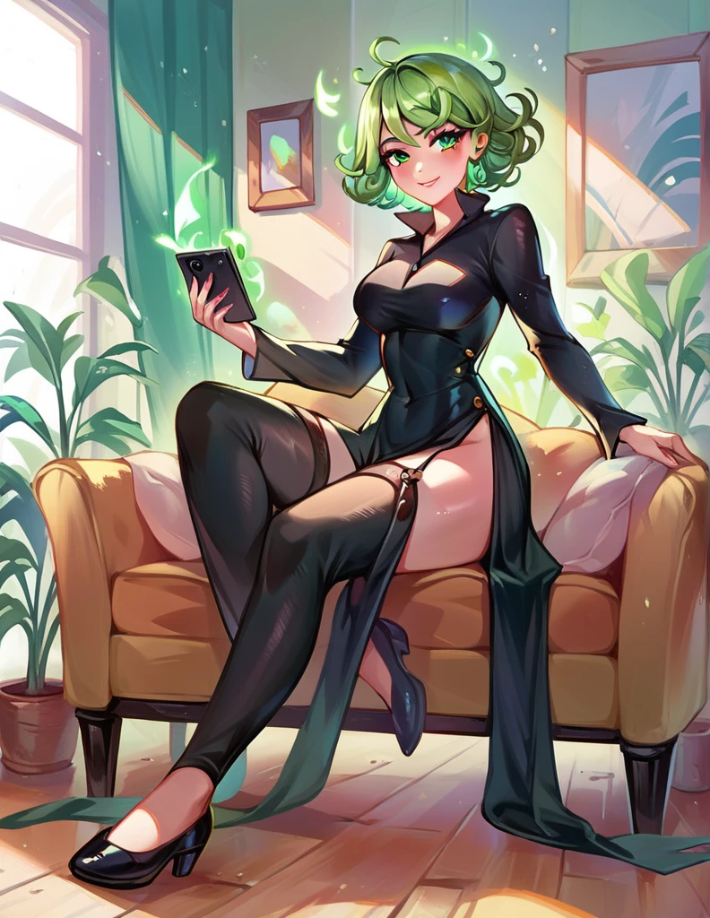 A picture of a young woman, big breast, light smile, full portrait, floating over a couch in a living room with a green aura, black dress