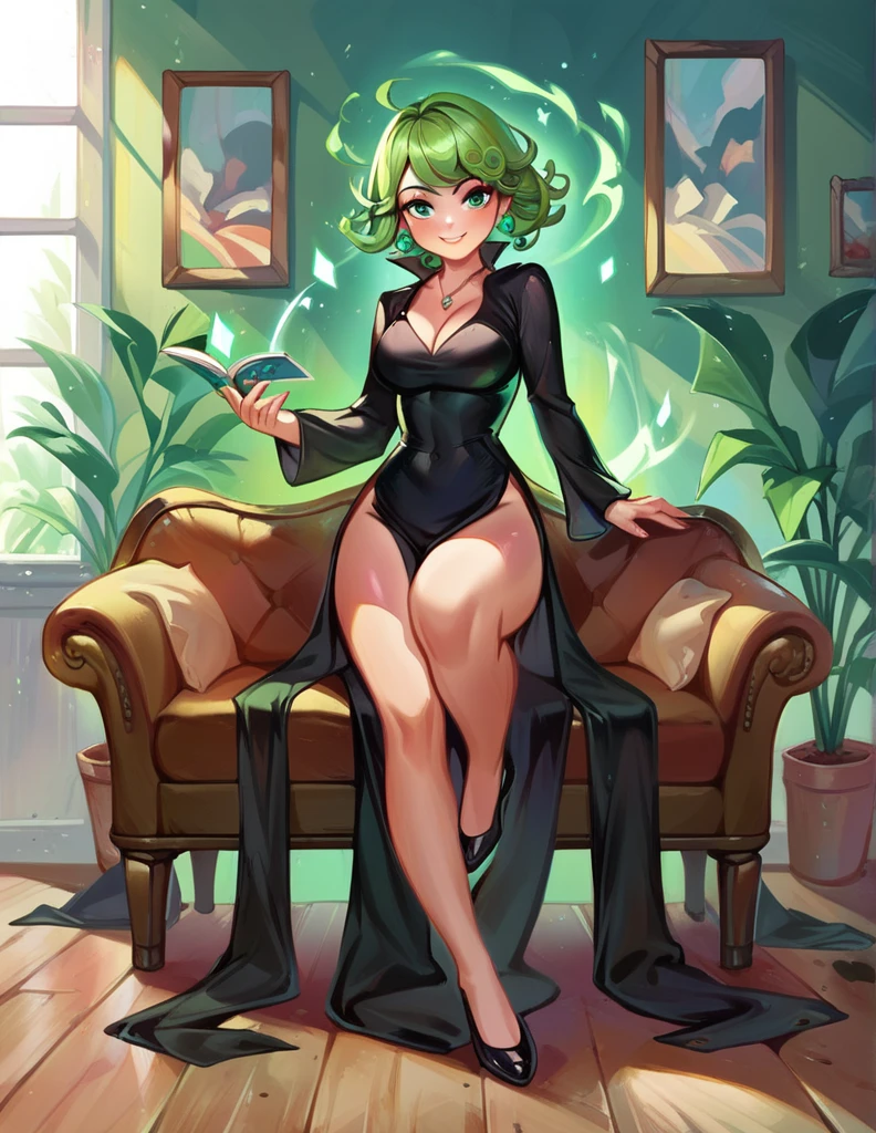 A picture of a young woman, big breast, light smile, full portrait, floating over a couch in a living room with a green aura, black dress