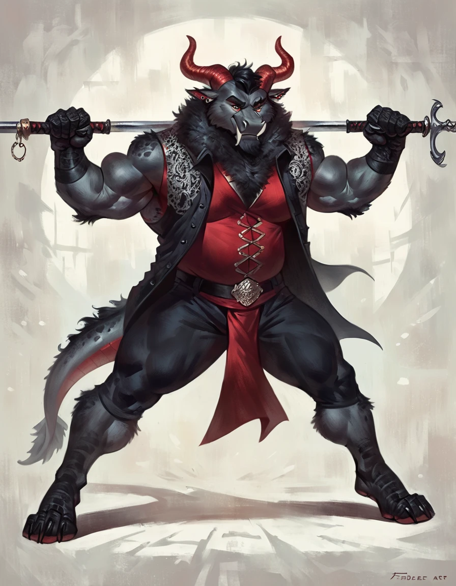 Anthropomorphic dragon his physique is achieved through a meticulous distribution of muscle and fat that creates a sense of comfort and approachability. Black scales. Black fur. Black Hair. Skin is a rich, deep black, with a subtle shimmer. His eyes are a piercing shade of Imperial red, framed by thick eyebrows. His attire, a black gambeson padded overcoat fabric vest with striking red salmon accents and intricate silver metal ornaments, is both functional and symbolic. The gambeson, a padded garment, is tailored to allow for a full range of motion, emphasizing his agility despite his size. The silver metal ornaments. Fur is predominantly black with salmon red-colored highlights. The fur on his torso and limbs is dense. His chest hair is kept at a moderate length. Large axe like fangs. Wield a slashing blade in a rapier-like's hilt. Ox guard stance pose. His predominant color is black and he got imperial red details. Anthro Artist Taran Fiddler art Style, olhos detalhados, Olhos lindos, escalas detalhadas.